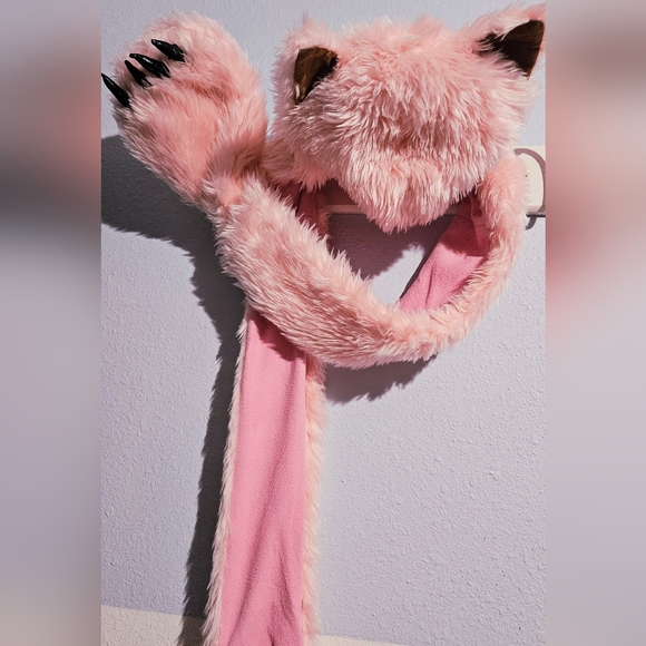 Vintage PINK Kitty Cat Fuzzy Cosplay Cozy Winter HatScarf Combo Ears Claws Adult - Picture 9 of 16